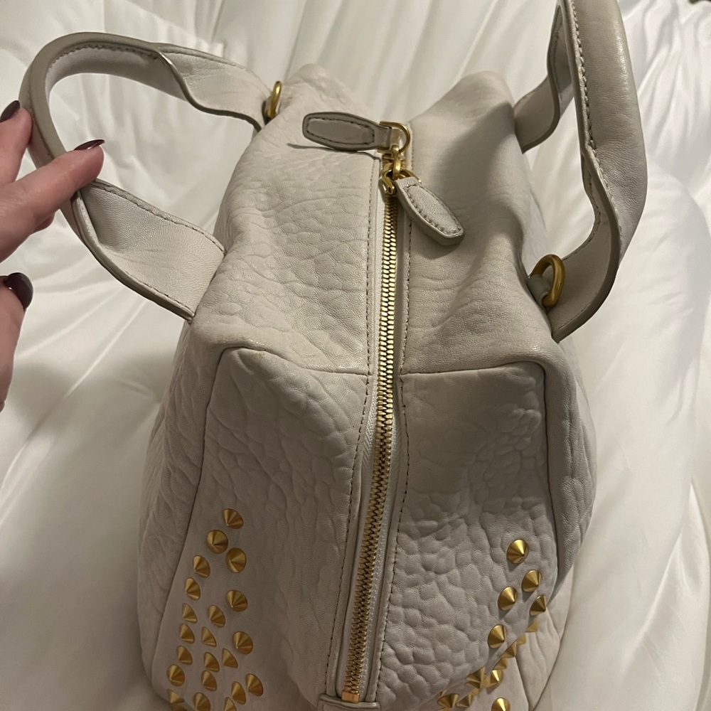 MCM Pebbled Cream Leather Satchel with Gold Stud Accents - Picture 9 of 16